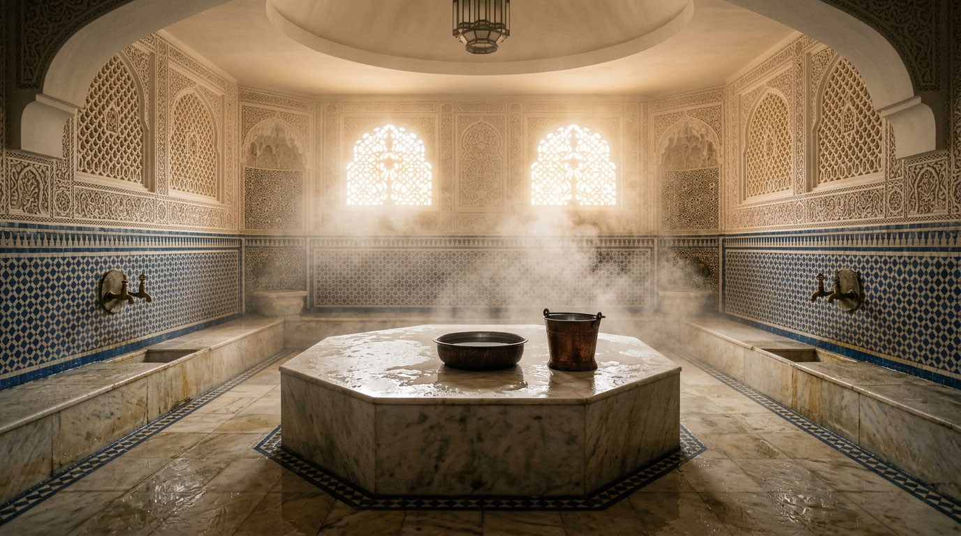 La salle chaude du hammam : plate-forme de marbre octogonale, bacine et seau de cuivre, vapeur traversée par la lumière