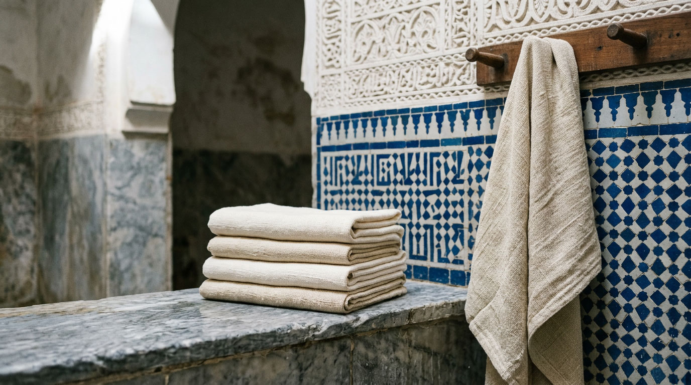 Des fūṭa de lin écru pliées sur une banquette de marbre, une autre suspendue à une patère de bois
