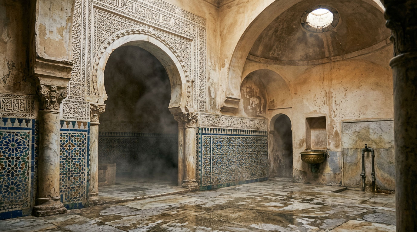 Salle d'un hammam ancien : colonnes de marbre, stuc sculpté patiné par les siècles, zellige polychrome et oculus