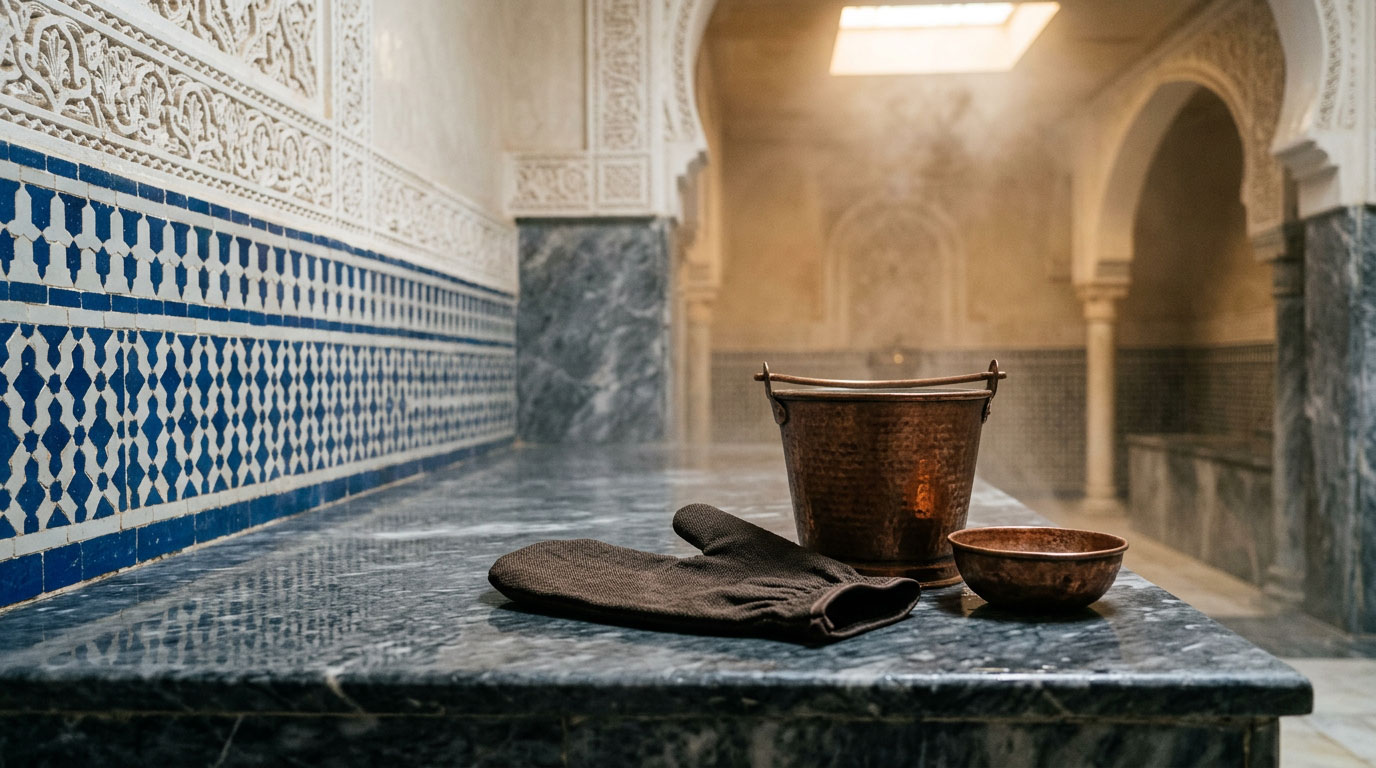 Les instruments du bain : gant kessa, seau et bacine de cuivre posés sur une banquette de marbre