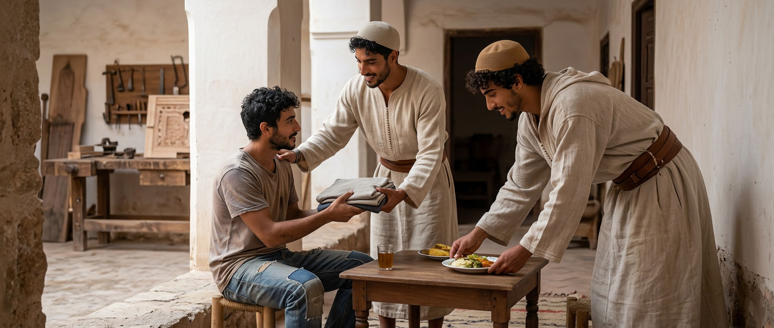 Un jeune accueilli reçoit vêtement et repas à Dar al-Hiraf