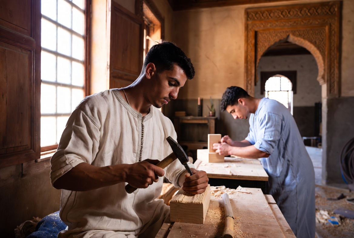 Deux apprentis au travail dans l'atelier de bois