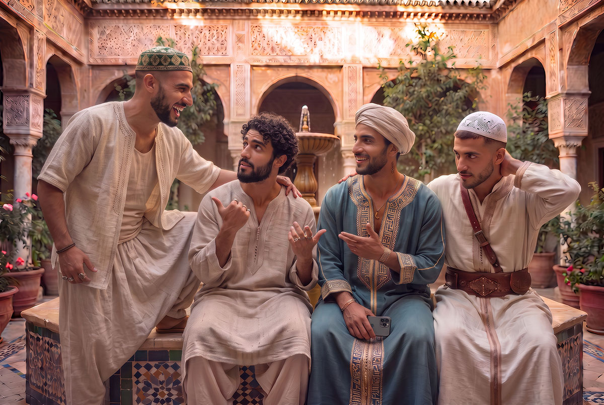 Companions in the patio of Riad Al-Uns