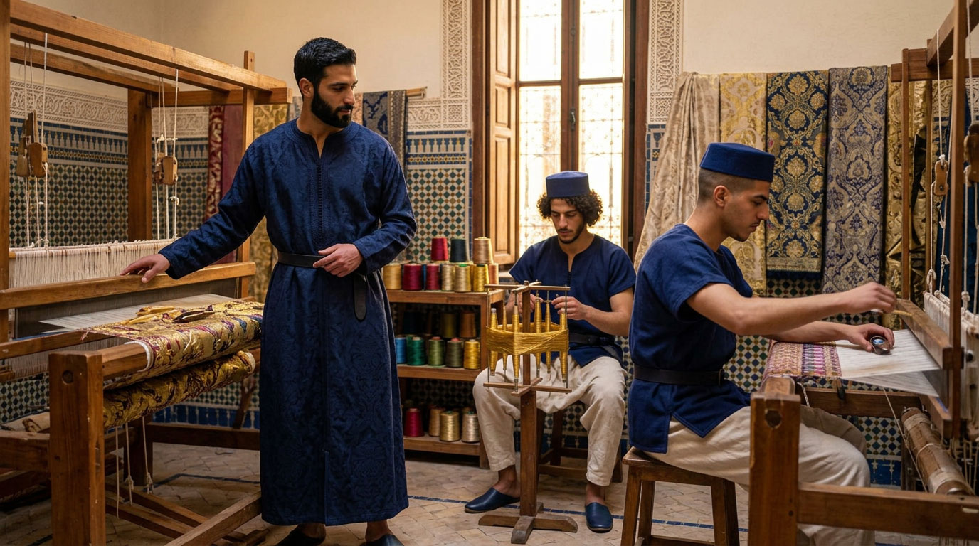 Métier à tisser en usage dans l'atelier de tissage