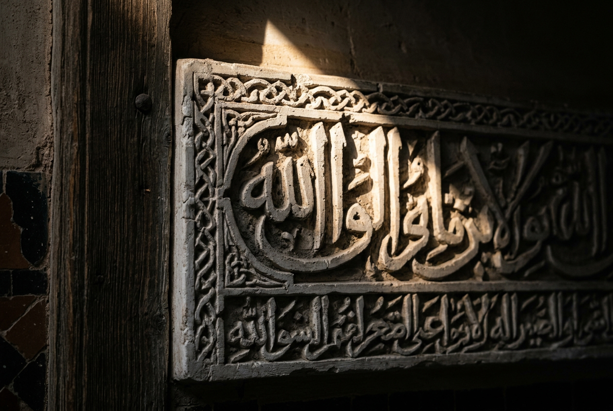 Cartouche de plâtre sculpté au montant d'une porte de cèdre, saisi de biais dans l'ombre