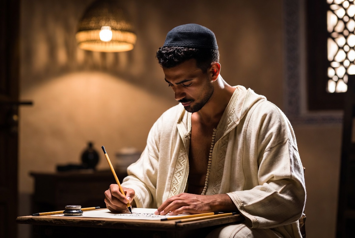 Calligraphie maghrébine tracée au calame
