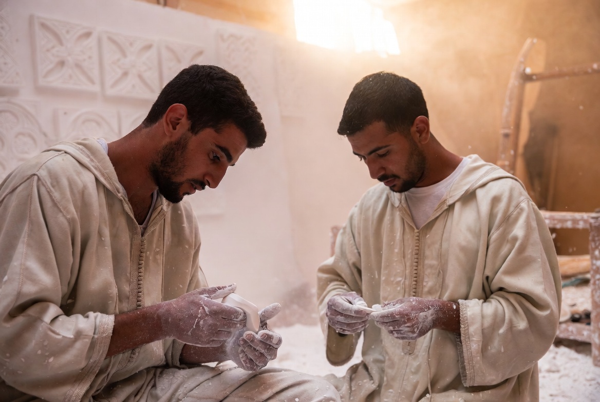 Deux jeunes artisans taillant le plâtre dans l'atelier
